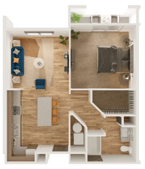 Floor plan for 1 bed, 1 bath, 679 sqft