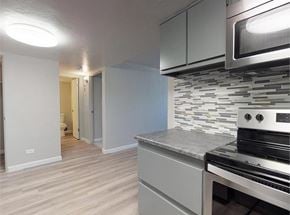 Aurora apartment for rent - A kitchen with a stove top oven and a microwave.