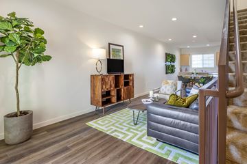 Anaheim apartment for rent - A living room with a grey couch and a green rug.