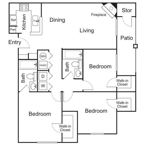 Floor plan for 3 beds, 2 baths, 1220 sqft