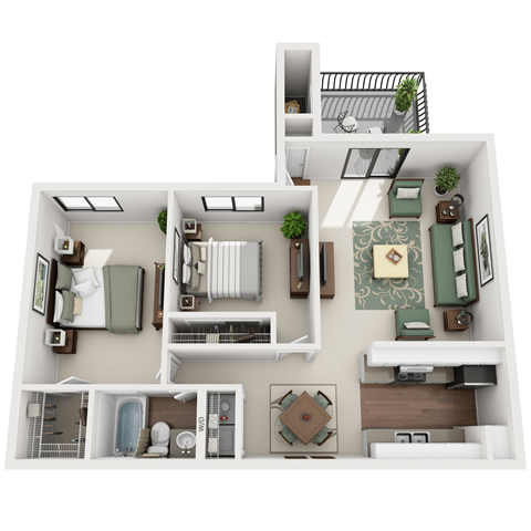 Floor plan for 2 beds, 1 bath, 865 sqft