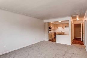 Greeley apartment for rent - A spacious living area with a kitchen in the background.