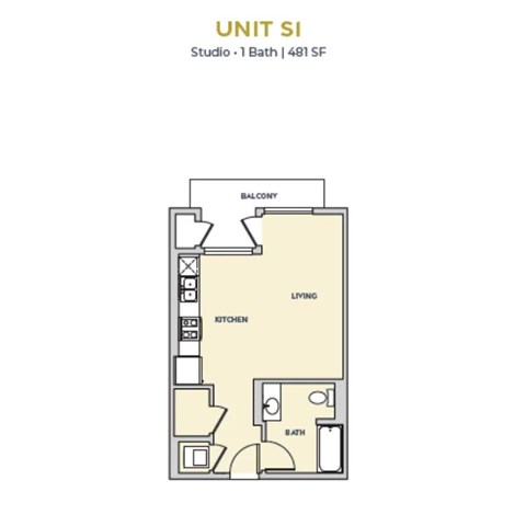 Floor plan for studio, 1 bath, 481 sqft