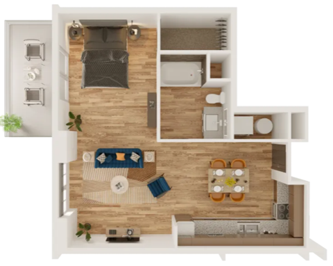Floor plan for studio, 1 bath, 739 sqft