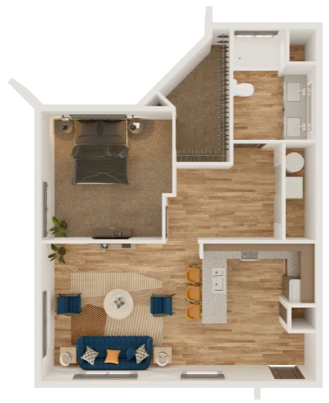 Floor plan for 1 bed, 1 bath, 897 sqft
