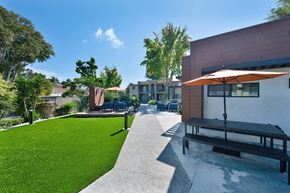 Oceanside apartment for rent - The exterior area with grass and seating areas.
