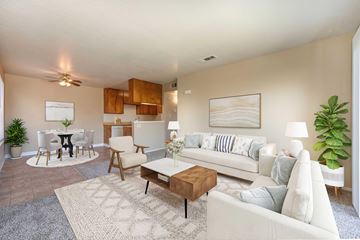 Modesto apartment for rent - A living room with a white couch and a rug.