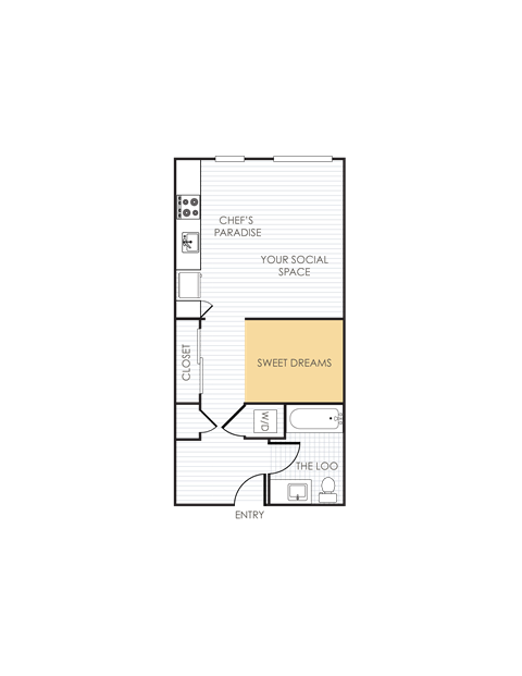 Floor plan for studio, 1 bath, 616 sqft