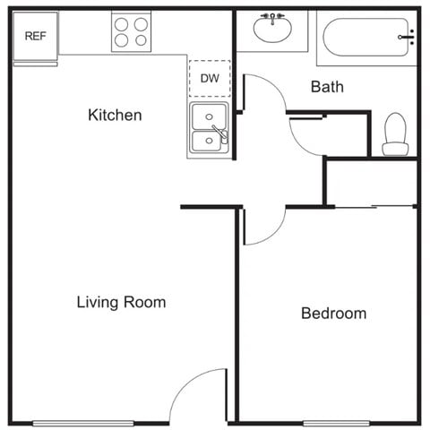 Floor plan for 1 bed, 1 bath, 500 sqft