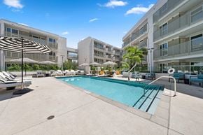 Los Angeles apartment for rent - The community swimming pool surrounded by sun loungers and umbrellas on a sunny day.
