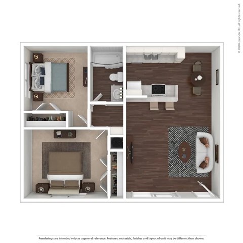 Floor plan for 2 beds, 1 bath, 876 sqft