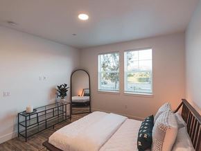 Santee apartment for rent - A bedroom with a large bed, a window with a view, and a nightstand with a plant on it.