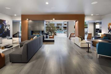 Anaheim apartment for rent - A modern living room with a grey sofa and a wooden floor.