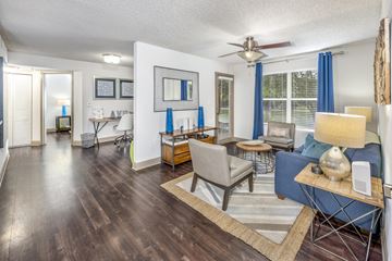 Tampa apartment for rent - A living room with a blue couch and a wooden floor.