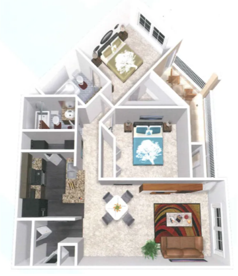 Floor plan for 2 beds, 2 baths, 963 sqft