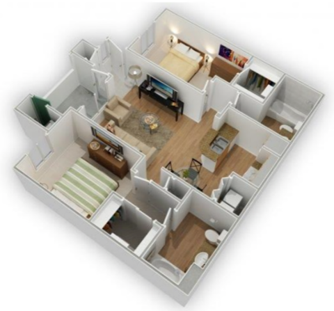 Floor plan for 2 beds, 2 baths, 1052 sqft