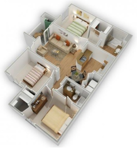 Floor plan for 3 beds, 2 baths, 1200 sqft