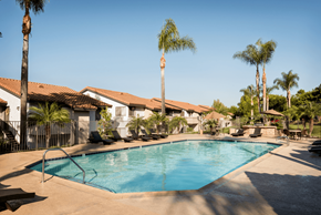 Oceanside apartment for rent - a swimming pool with lounge chairs and palm trees in the background