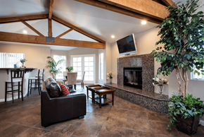 Oceanside apartment for rent - a living room with a fireplace and a flat screen tv