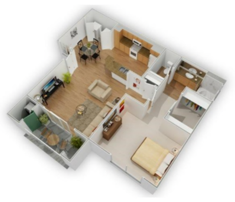 Floor plan for 1 bed, 1 bath, 766 sqft