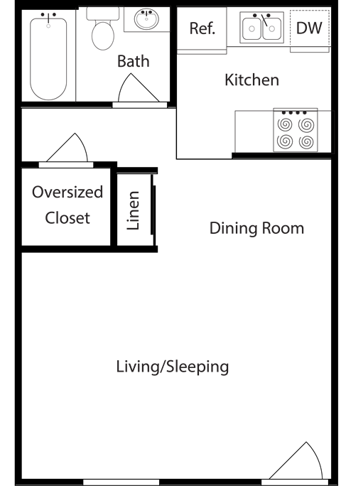 Floor plan for studio, 1 bath, 413 sqft