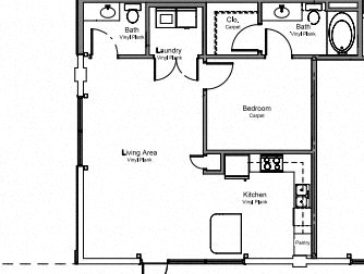 Floor plan for 1 bed, 1.5 baths, 851 sqft