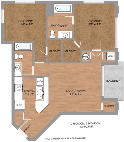 Floor plan for 2 beds, 2 baths, 1008 sqft