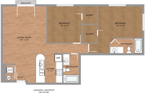 Floor plan for 2 beds, 2 baths, 1081 sqft