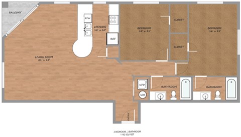 Floor plan for 2 beds, 2 baths, 1192 sqft