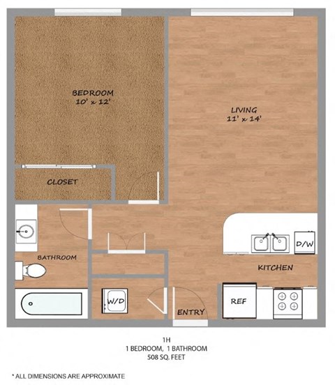 Floor plan for 1 bed, 1 bath, 508 sqft