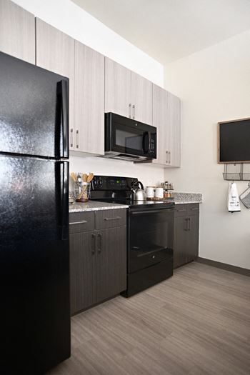 A kitchen with black appliances and a black refrigerator