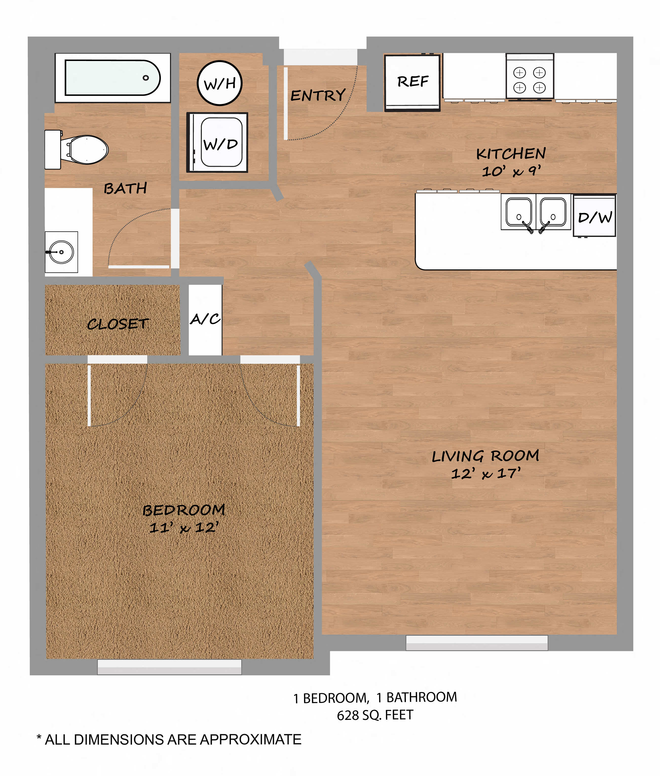 Floor plan for 1 bed, 1 bath, 628 sqft