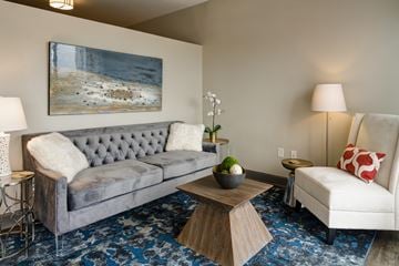 Columbus apartment for rent - A grey couch with a tufted back sits in a living room with a painting on the wall above it.