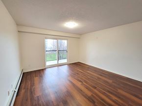 Kingston apartment for rent - an empty living room with hard wood flooring and a window
