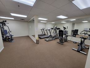 Kingston apartment for rent - a gym with cardio equipment and weights in a building