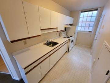 Kingston apartment for rent - A kitchen with white cabinets and a window.
