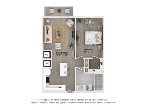 Floor plan for 1 bed, 1 bath, 756 sqft