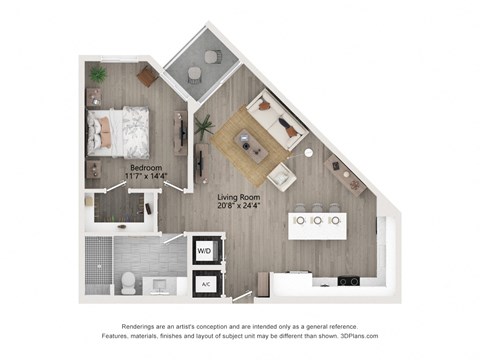 Floor plan for 1 bed, 1 bath, 802 sqft