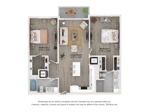 Floor plan for 2 beds, 2 baths, 1111 sqft