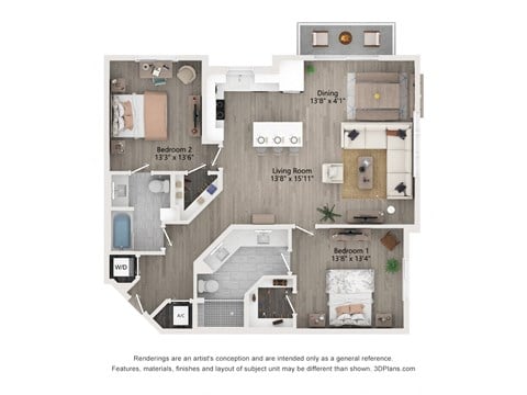 Floor plan for 2 beds, 2 baths, 1239 sqft