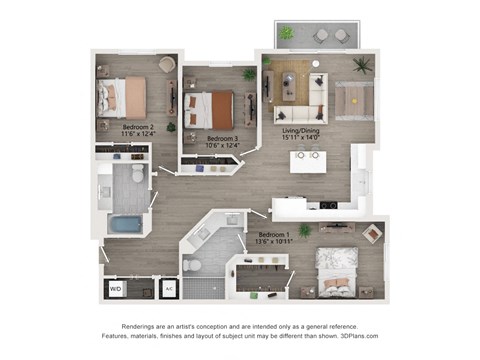 Floor plan for 3 beds, 2 baths, 1388 sqft