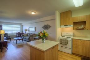 Kingston apartment for rent - A kitchen with a white stove and wooden cabinets.