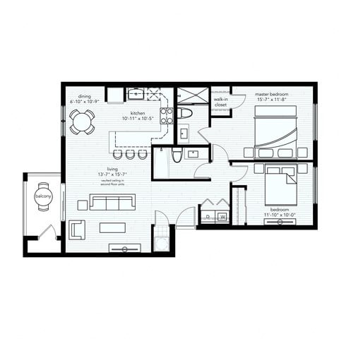 Floor plan for 2 beds, 2 baths, 1050 sqft