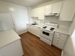 Kingston apartment for rent - A white kitchen with wooden floors and white appliances.
