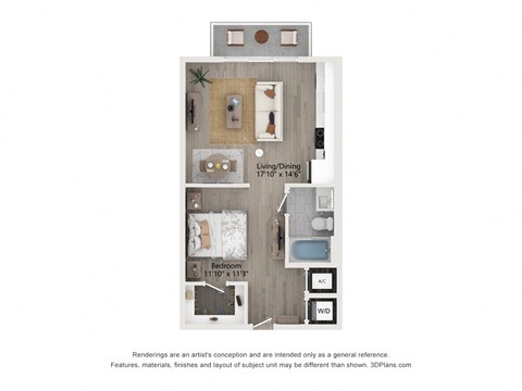 Floor plan for studio, 1 bath, 598 sqft