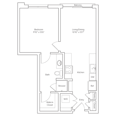 Floor plan for 1 bed, 1 bath, 669 sqft