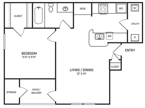 Floor plan for 1 bed, 1 bath, 597 sqft