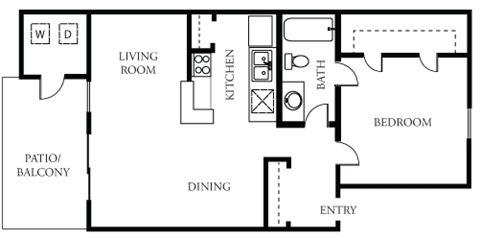 Floor plan for 1 bed, 1 bath, 670 sqft