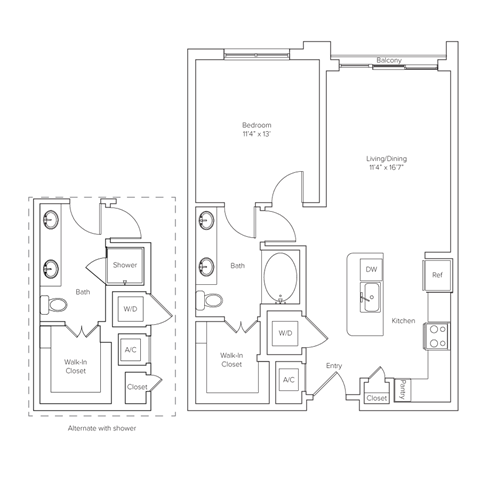 Floor plan for 1 bed, 1 bath, 799 sqft
