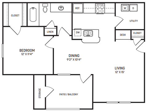 Floor plan for 1 bed, 1 bath, 700 sqft